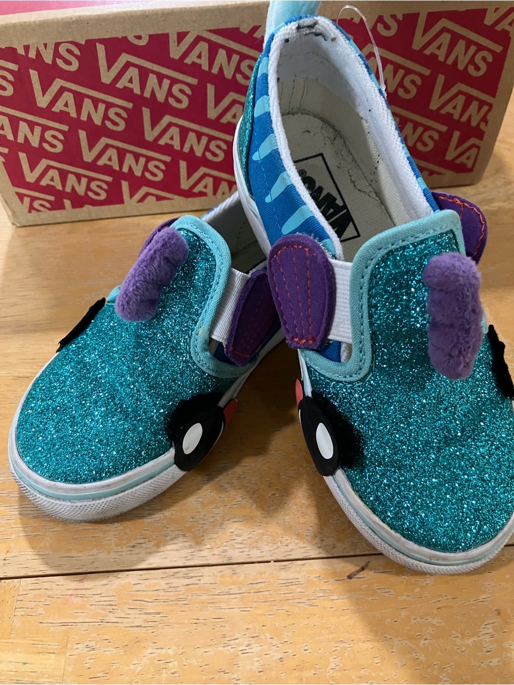 Vans Kids Teal Glitter Slip-On Sneakers with Purple Accents